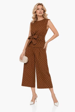 Compleu dama casual din bumbac 100% maro cu buline pantalon cu centura si bluza cu nod stilizat