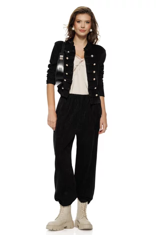 Compleu dama casual negru din tesatura premium catifelata tunica cu nasturi metalici si pantalon drept