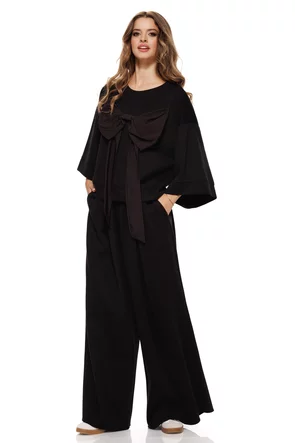 Compleu dama din bumbac premium negru pantalon si bluza cu funda