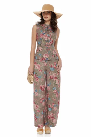 Compleu dama din in 100% cu imprimeu floral vesta cu brandemburg si pantaloni largi