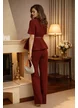 Compleu dama elegant burgundy din tricot premium jacheta cu peplum stelute aurii curea si pantaloni