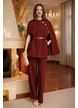 Compleu dama elegant burgundy din tricot premium jacheta tip capa  nasturi aurii curea si pantaloni