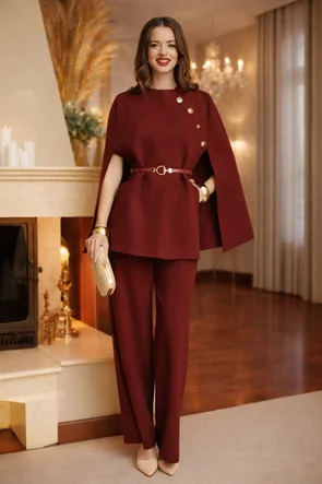 Compleu dama elegant burgundy din tricot premium jacheta tip capa  nasturi aurii curea si pantaloni
