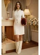 Compleu dama elegant din tricot crem premium fusta mini plisata si jacheta cu fermoar talie si mansete late