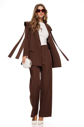 Compleu dama elegant maro sacou cu jnur  revere si pantalon drept cu talie inalta