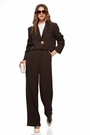 Compleu dama elegant maro sacou scurt cu revere si pantalon palazzo