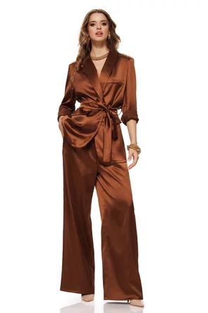 Compleu dama elegant mocca mouse din tafta fina sacou cu cordon  revere si pantalon drept cu talie inalta