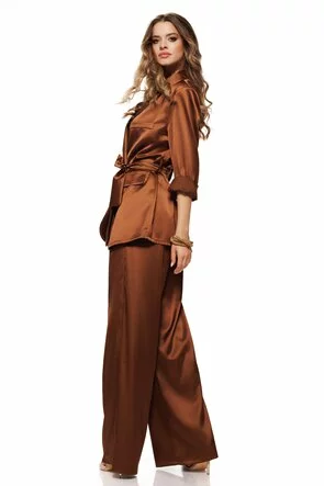 Compleu dama elegant mocca mouse din tafta fina sacou cu cordon  revere si pantalon drept cu talie inalta