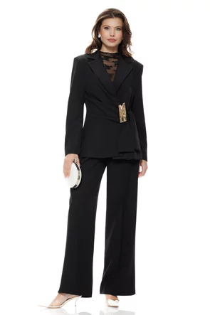 Compleu dama elegant negru cu fronseuri in talie accesoriu auriu pantalon wide cu pense