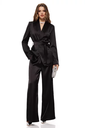 Compleu dama elegant negru din tafta fina sacou cu cordon  revere si pantalon drept cu talie inalta