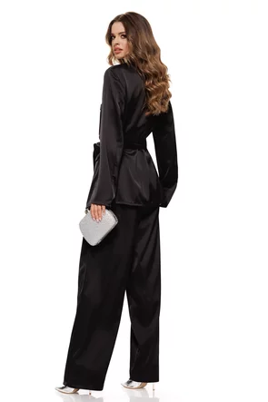 Compleu dama elegant negru din tafta fina sacou cu cordon  revere si pantalon drept cu talie inalta