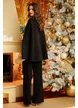 Compleu dama elegant negru din tricot premium jacheta tip capa cu capse nasturi aurii curea si pantaloni