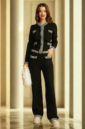 Compleu dama elegant negru premium gros cu contururi din bucle spicat