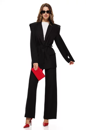 Compleu dama elegant negru sacou cu jnur  revere si pantalon drept cu talie inalta