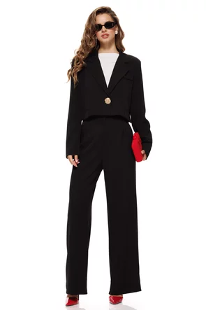 Compleu dama elegant negru sacou scurt cu revere si pantalon palazzo