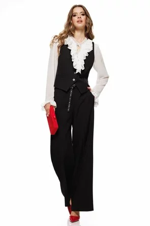 Compleu dama elegant negru vesta cu pantalon larg si curea