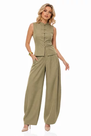 Compleu dama elegant olive cu pantalon larg si bluza tunica cu brandemburguri
