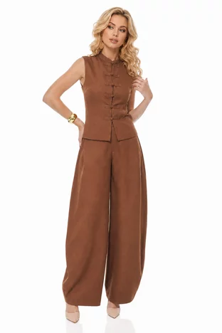 Compleu dama elegant teracota cu pantalon larg si bluza tunica cu brandemburguri