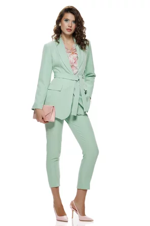 Compleu dama elegant verde menta sacou cu revere si cordon pantalon conic