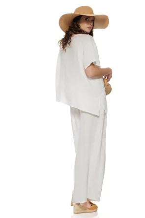 Compleu dama premium alb din in 100% supersoft bluza cu insertie de dantela