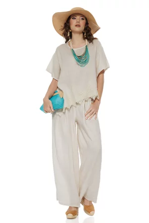 Compleu dama premium bej nature din in 100% supersoft bluza cu insertie de dantela