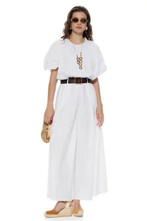Compleu dama premium din bumbac alb supersoft bluza cu colier si pantalon larg cu centura