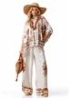 Compleu dama premium din matase naturala si vascoza satinata pantalon si camasa imprimeu floral crem mocca mouse