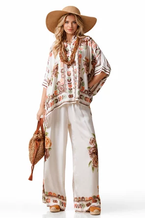 Compleu dama premium din matase naturala si vascoza satinata pantalon si camasa imprimeu floral crem mocca mouse
