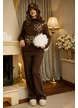 Compleu dama premium maro cu pantalon si pulover cu flori cu paiete