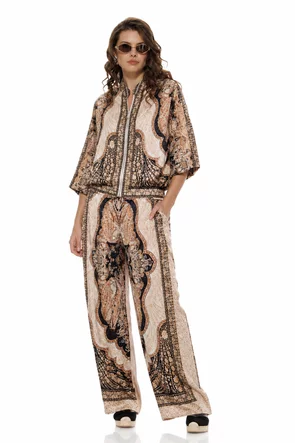 Compleu dama premium negru din matase naturala si vascoza satinata imprimeu luxury paisley