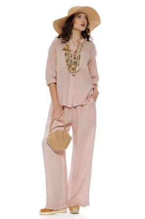 Compleu dama premium roz din in 100% camasa si pantalon