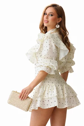 Compleu dama spectaculos galben cu inimioare fusta cu volane si bluza cu funda