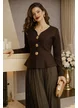Compleu dama tricotat premium maro jacheta cu peplum si capse bijuterie rochie plisata