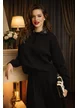 Compleu dama tricotat premium negru cu fusta mini plisata si pulover cu guler de paiete