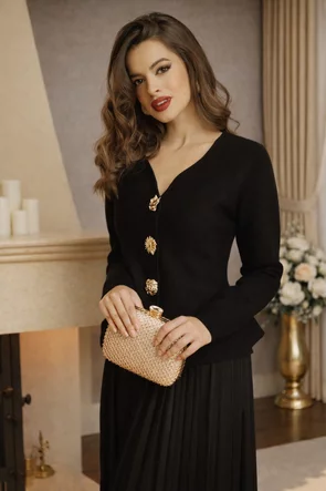 Compleu dama tricotat premium negru jacheta cu peplum si capse bijuterie rochie plisata