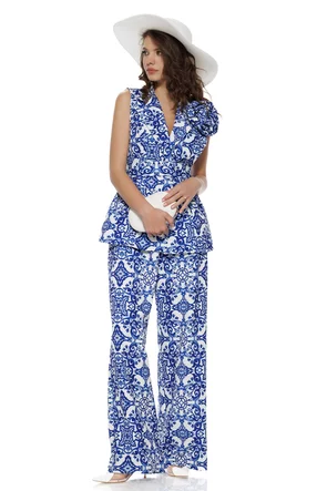 Compleu de vara imprimeu sicilian ceramic vesta cu cordon si pantalon cu pense