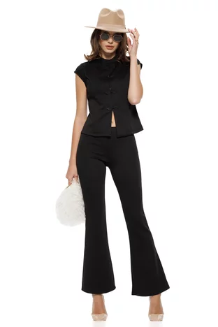 Compleu elegant negru tunica cu ceaprazuri si pantalon evazat
