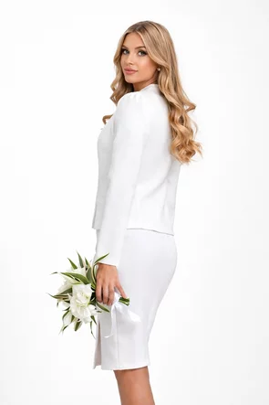 Compleu Fofy elegant dama  alb  fusta conica cu aplicatie de dantela premium cu paiete fine argintii si sacou scurt cambrat