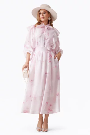 Compleu spectaculos din organza roz fusta midi si bluza cu nasturi cristal