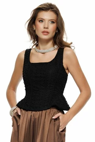Corset dama premium din dantela brodata cu perle decolteu patrat si peplum lateral