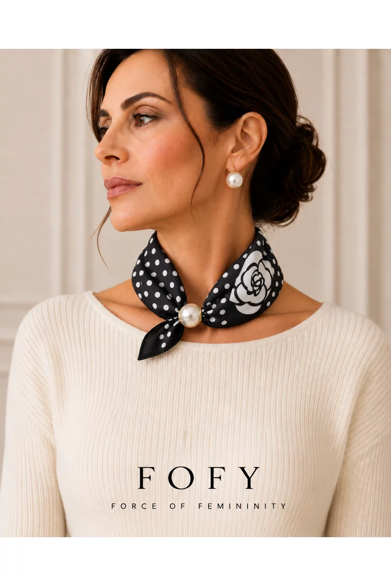 Eșarfă-Bijuterie cu Perlă Magnetică – Ivory & Black picture - 4
