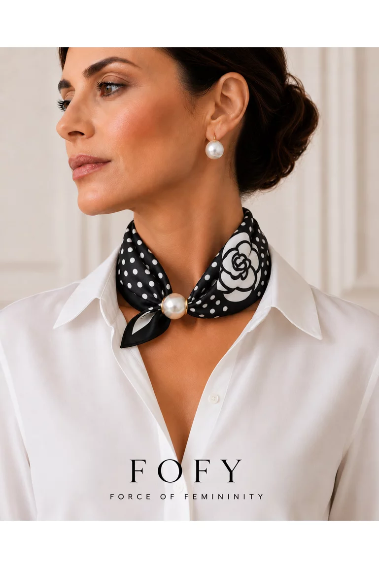 Eșarfă-Bijuterie cu Perlă Magnetică – Ivory & Black picture - 2