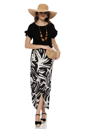 Fusta dama midi  petrecuta din vascoza premium safari print 2026 negru