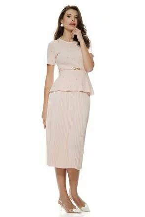 Fusta dama tricotata premium roz plisata midi