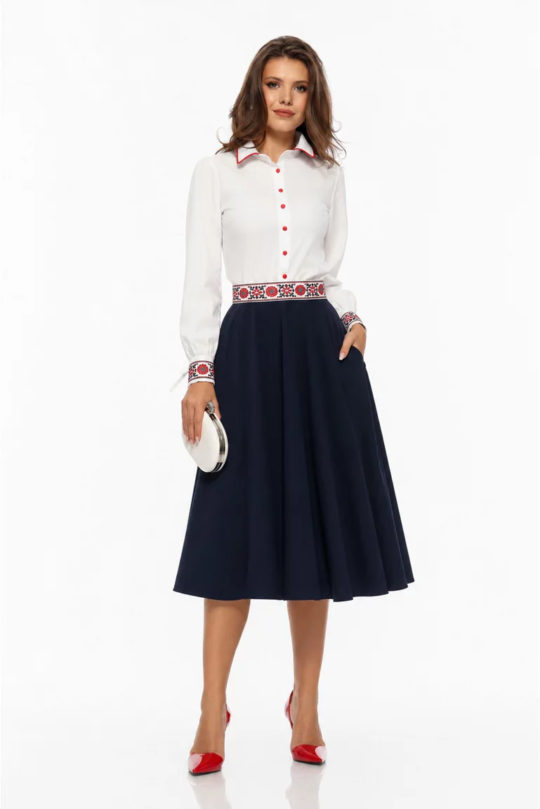Fusta eleganta clos Fofy bleumarin midi cu buzunare laterale picture - 3