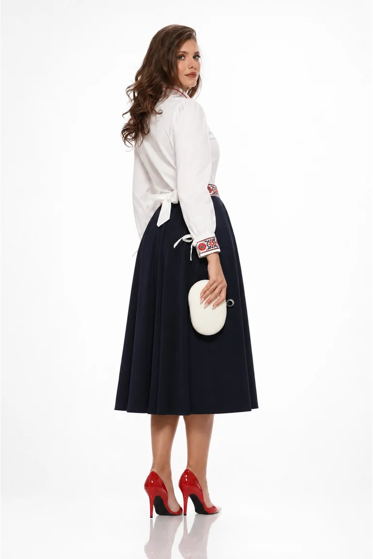 Fusta eleganta clos Fofy bleumarin midi cu buzunare laterale picture - 4
