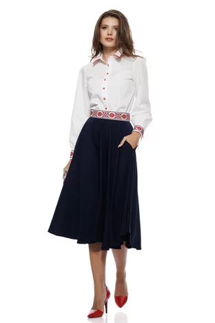 Fusta eleganta clos Fofy bleumarin midi cu buzunare laterale