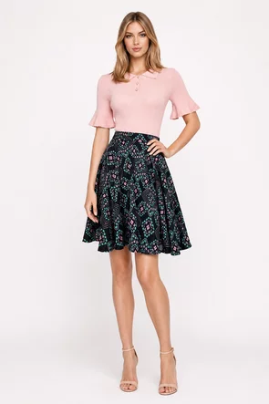 Fusta eleganta clos Fofy neagra imprimata cu imrimeu geometric multicolor