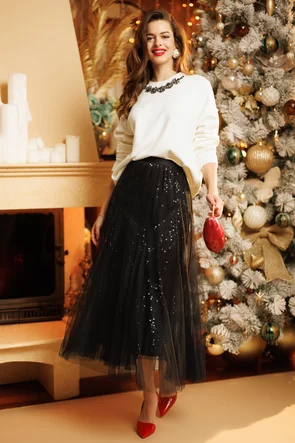 Fusta eleganta neagra midi din tul cu paiete si elastic in talie