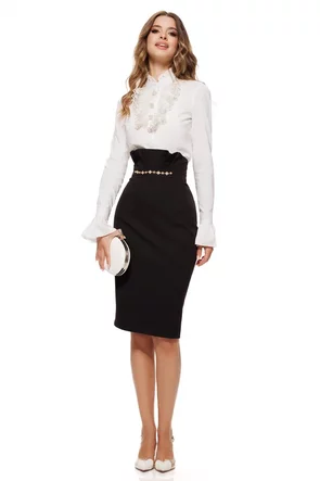 Fusta Fofy eleganta conica neagra cu talie inalta si aplicatie aurie cu strassuri